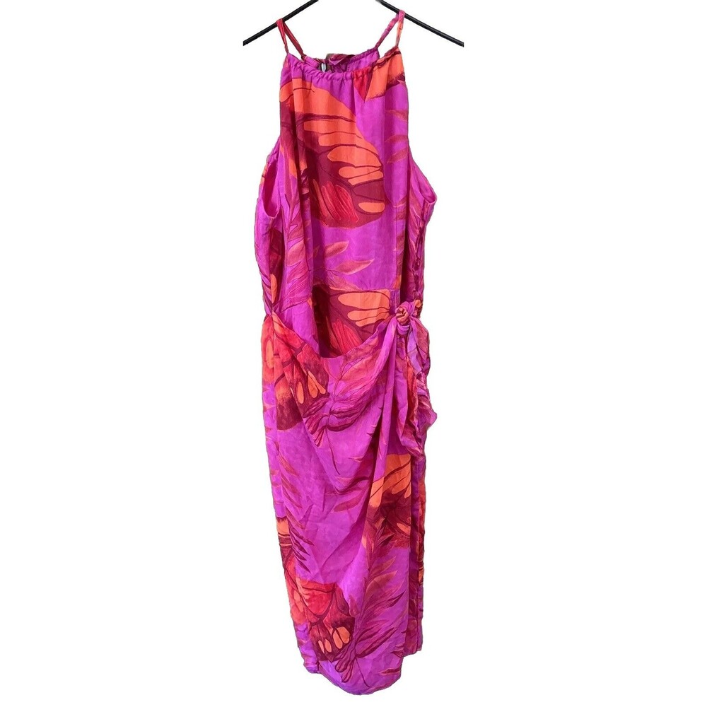 JOHN ROBERTS Pink Orange BRIGHT TROPICAL Halter TIE ZIP LINED DRESS 12 Wrap Tie